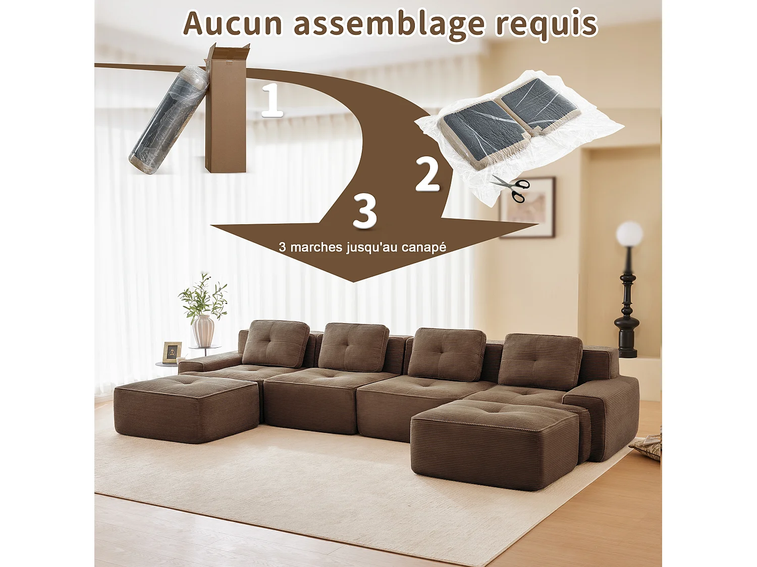 Canapé 4 places d'angle Modulable en Velours côtelé, avec 2 pouf et 4 coussins, 382x177x69cm, Marron