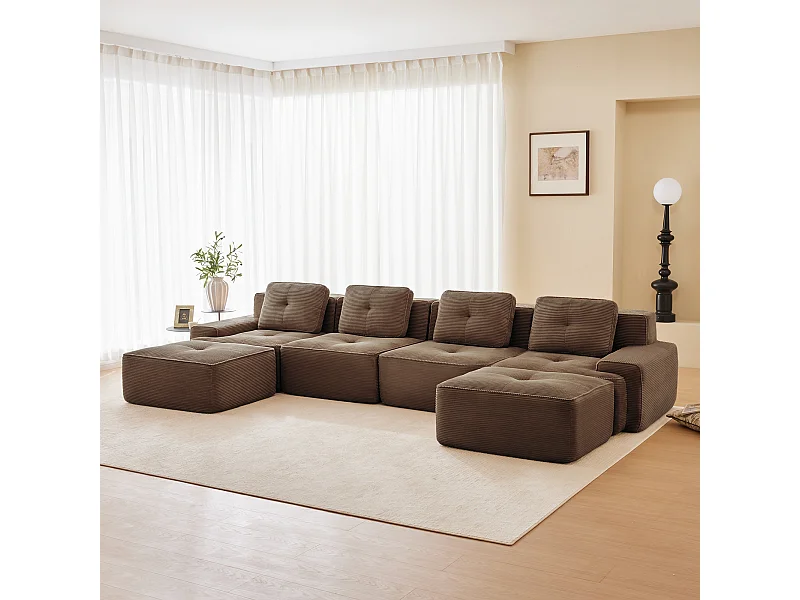 Canapé 4 places d'angle Modulable en Velours côtelé, avec 2 pouf et 4 coussins, 382x177x69cm, Marron
