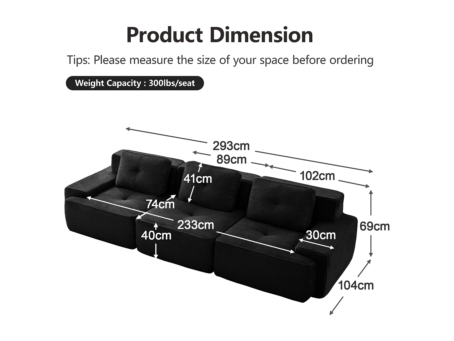Divano Modulare 3 posti in Velluto costola, con 3 cuscini, seduta extra profonda 74cm, 293x104x69cm, Nero