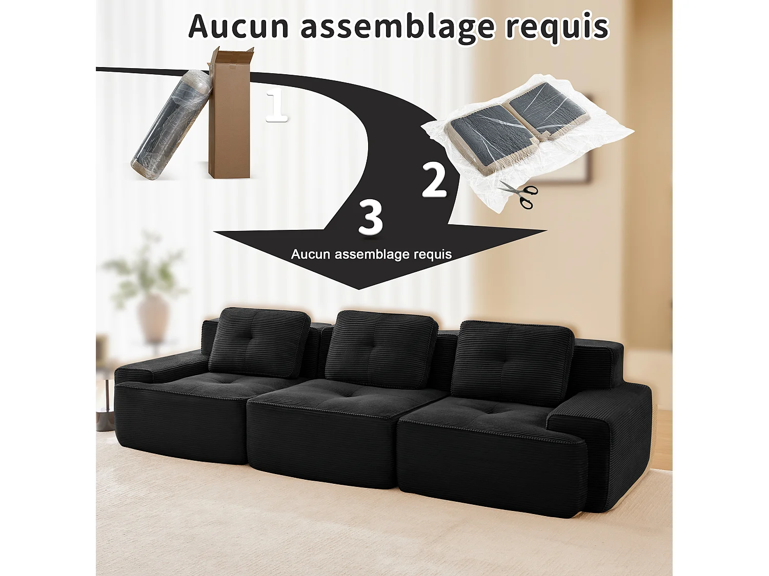 Divano Modulare 3 posti in Velluto costola, con 3 cuscini, seduta extra profonda 74cm, 293x104x69cm, Nero