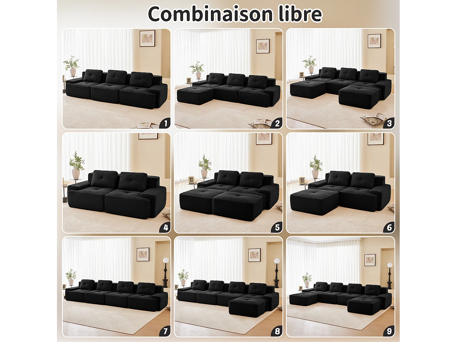 Divano Modulare 3 posti in Velluto costola, con 3 cuscini, seduta extra profonda 74cm, 293x104x69cm, Nero