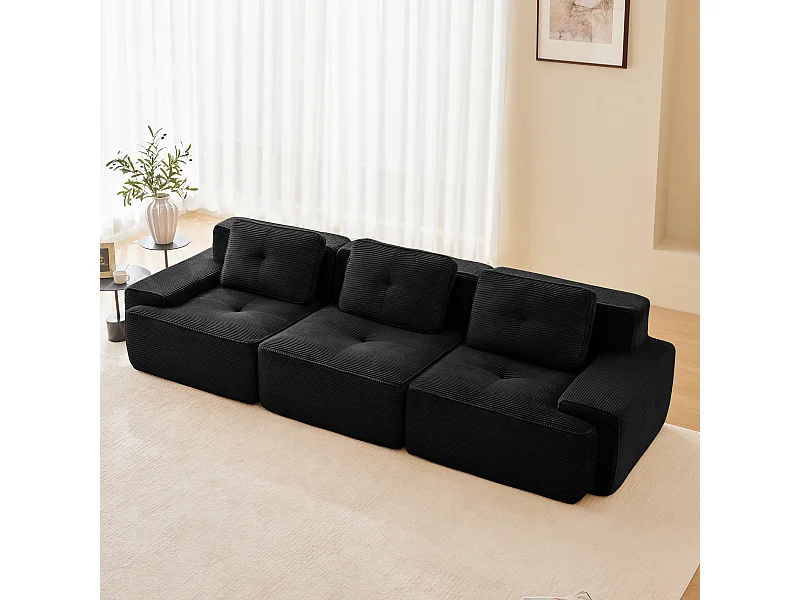 Modulaire Bank 3-zits in Ribfluweel, met 3 kussens, 74cm extra diepe zit, 293x104x69cm, Zwart