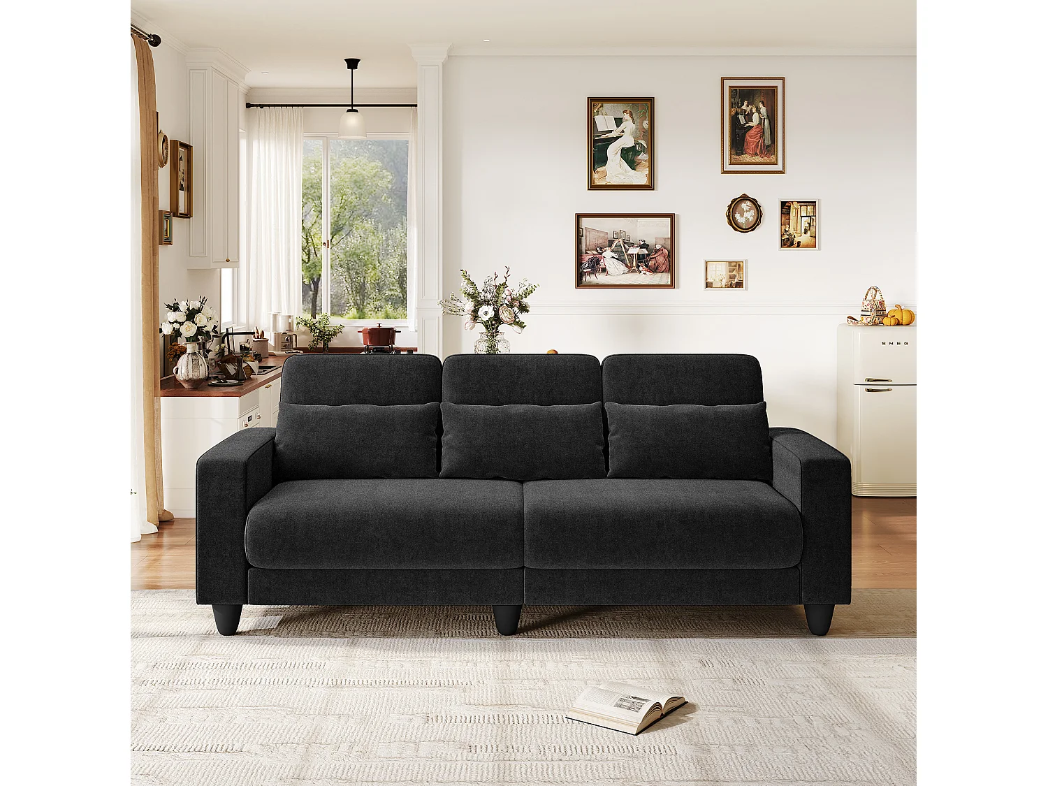 Canapé 3 places en tissu chenille noir - avec 3 oreillers - housse de coussin amovible lavable - 220x81x88cm