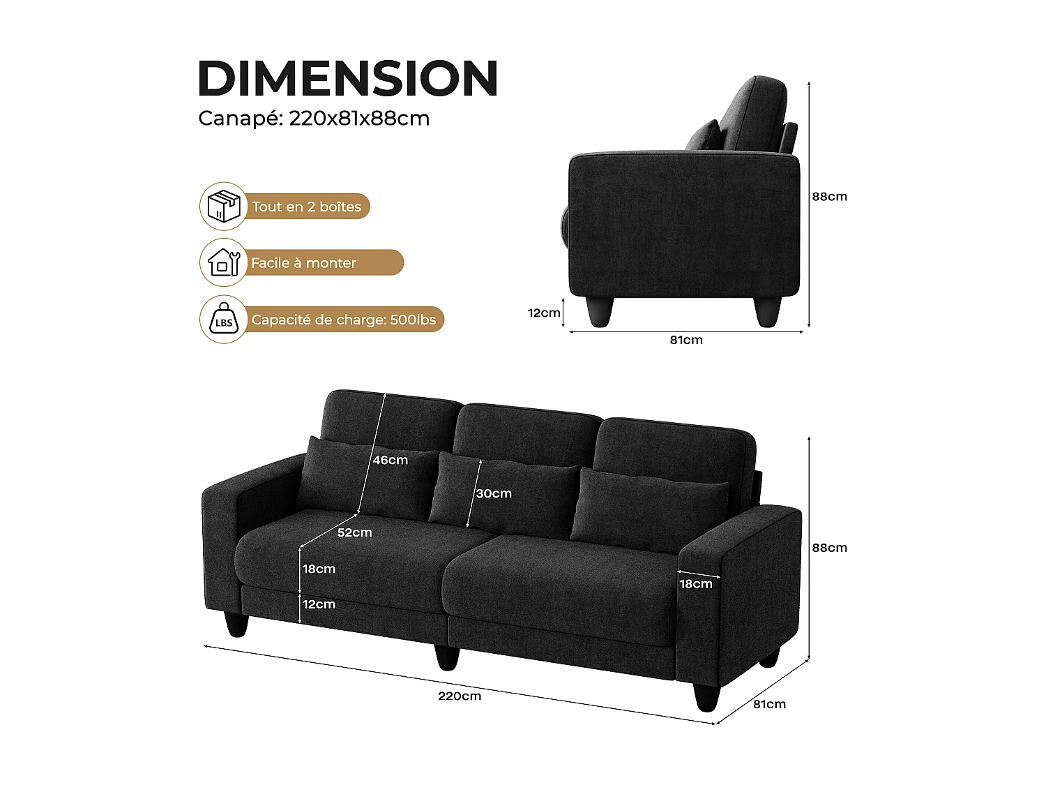 Canapé 3 places en tissu chenille noir - avec 3 oreillers - housse de coussin amovible lavable - 220x81x88cm