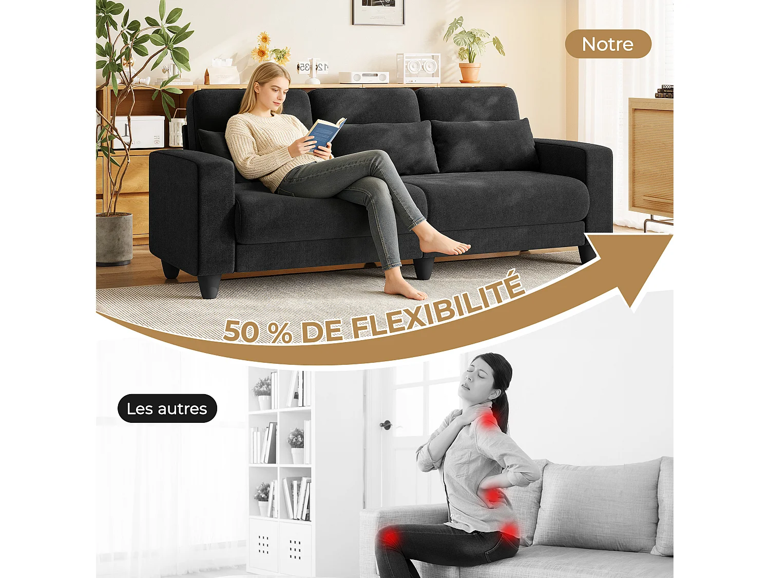 Canapé 3 places en tissu chenille noir - avec 3 oreillers - housse de coussin amovible lavable - 220x81x88cm