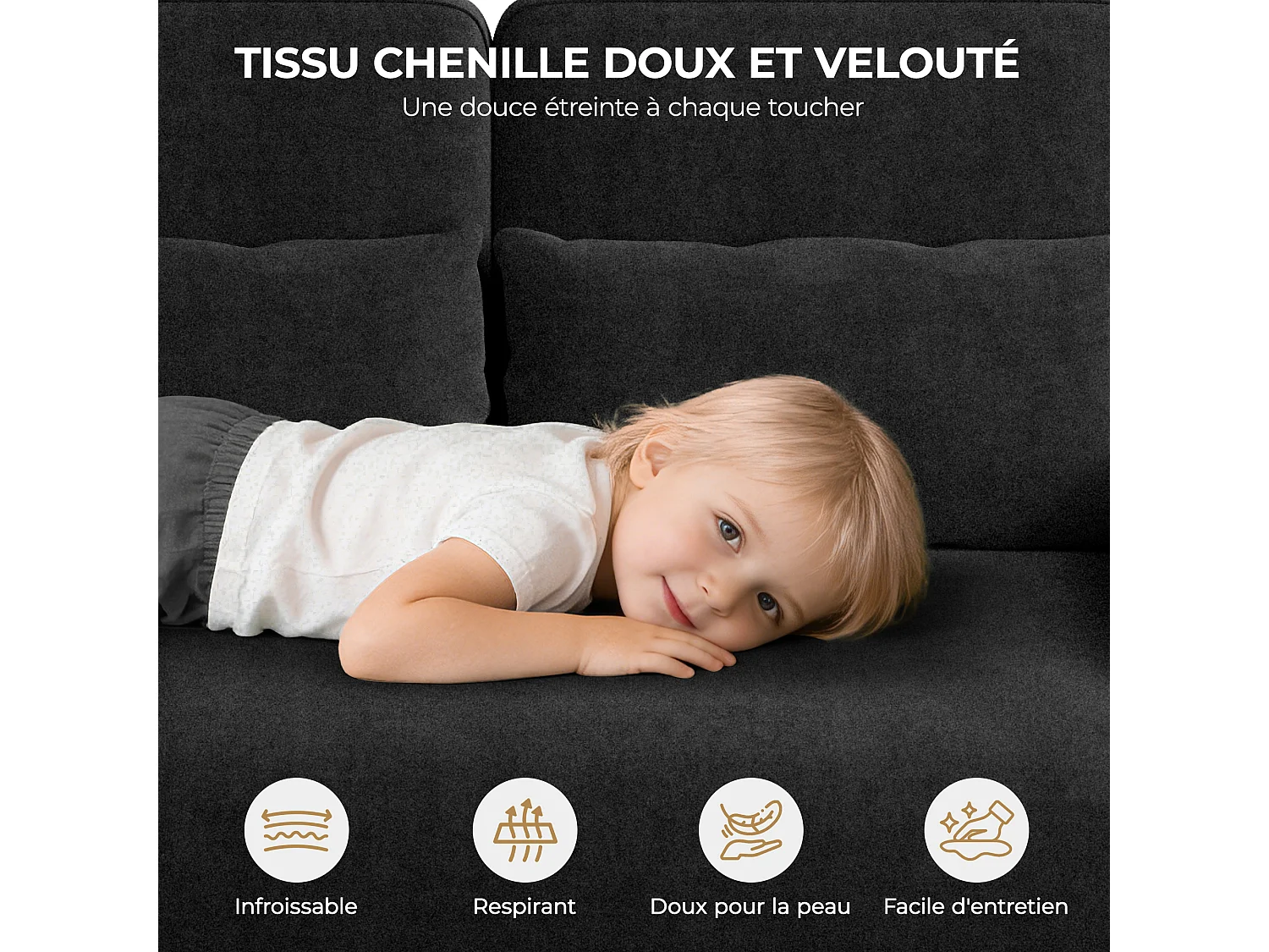 Canapé 3 places en tissu chenille noir - avec 3 oreillers - housse de coussin amovible lavable - 220x81x88cm