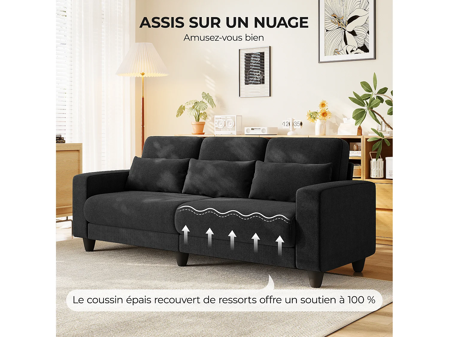 Canapé 3 places en tissu chenille noir - avec 3 oreillers - housse de coussin amovible lavable - 220x81x88cm
