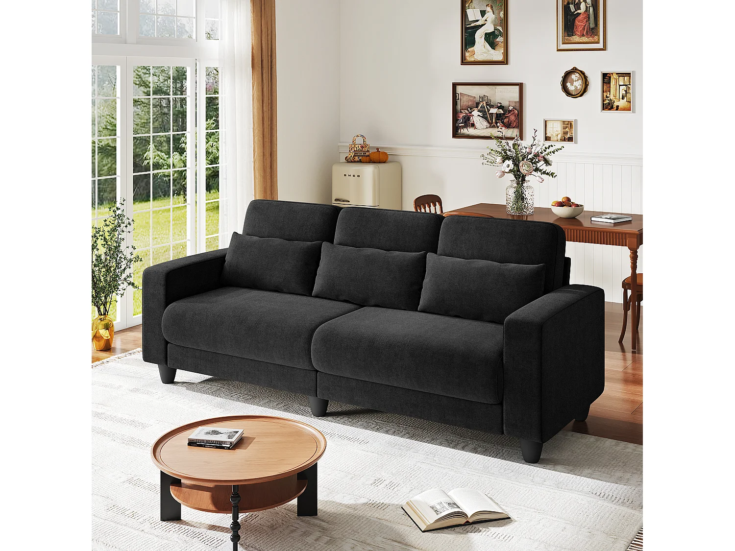 Canapé 3 places en tissu chenille noir - avec 3 oreillers - housse de coussin amovible lavable - 220x81x88cm