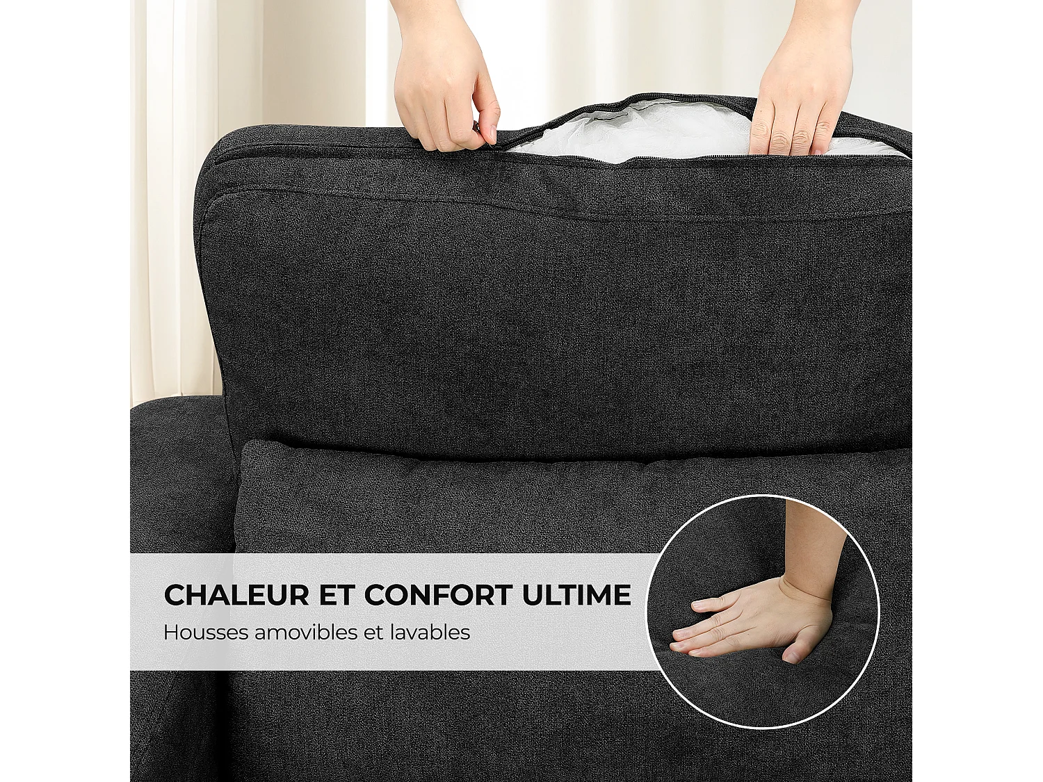 Canapé 3 places en tissu chenille noir - avec 3 oreillers - housse de coussin amovible lavable - 220x81x88cm