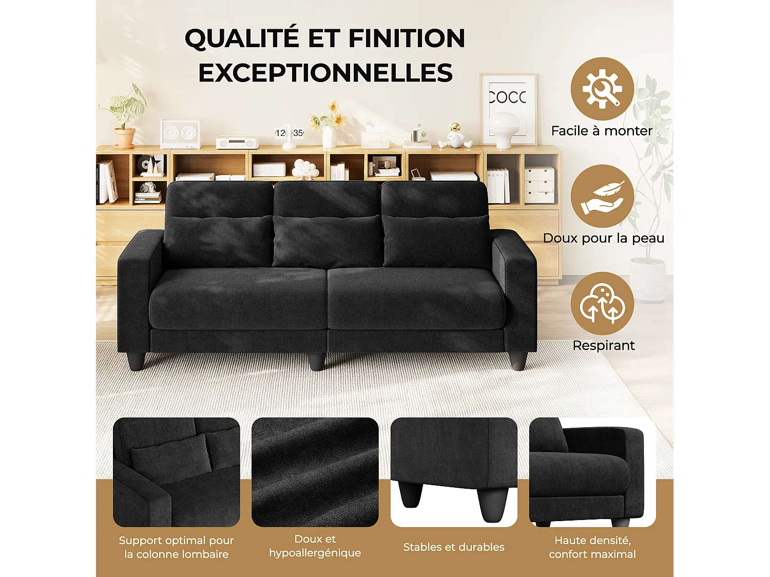 Canapé 3 places en tissu chenille noir - avec 3 oreillers - housse de coussin amovible lavable - 220x81x88cm