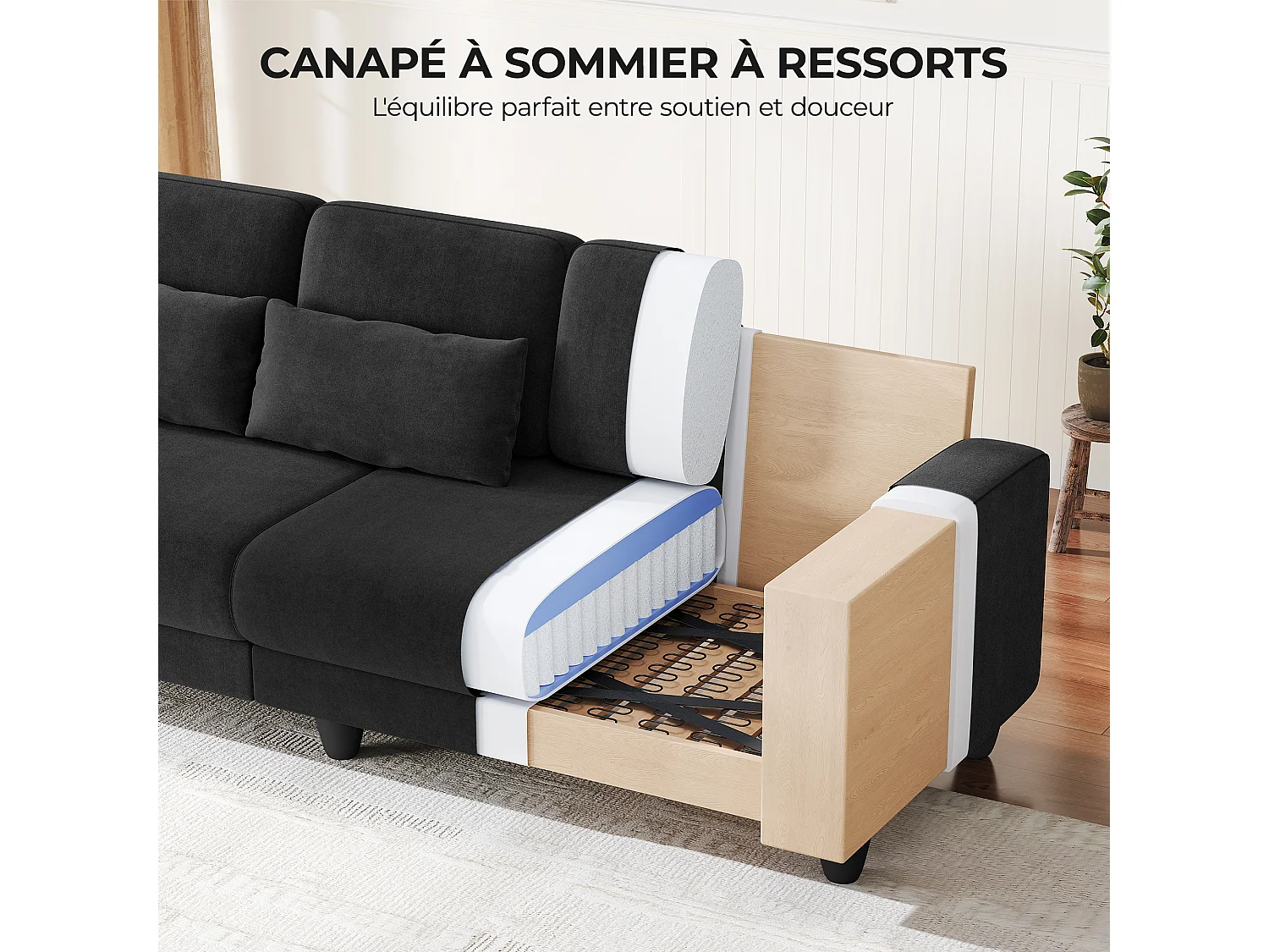 Canapé 3 places en tissu chenille noir - avec 3 oreillers - housse de coussin amovible lavable - 220x81x88cm