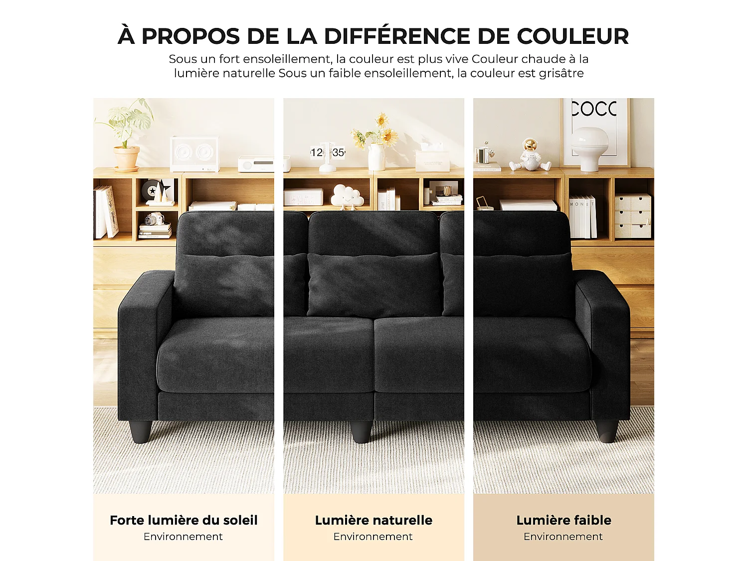 Canapé 3 places en tissu chenille noir - avec 3 oreillers - housse de coussin amovible lavable - 220x81x88cm