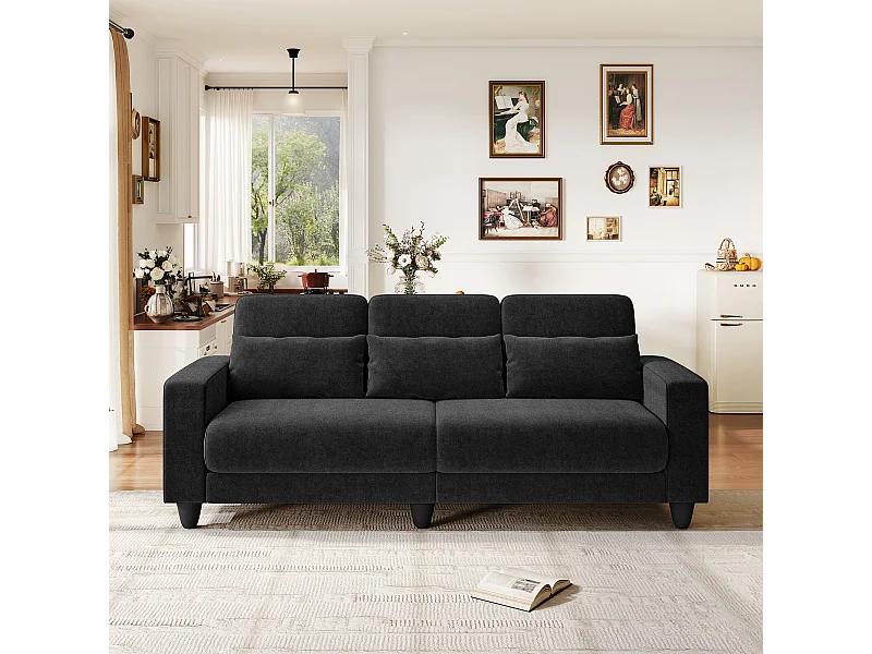 Bank 3-zits in chenille stof zwart - met 3 kussens - afneembaar wasbare hoes - 220x81x88cm