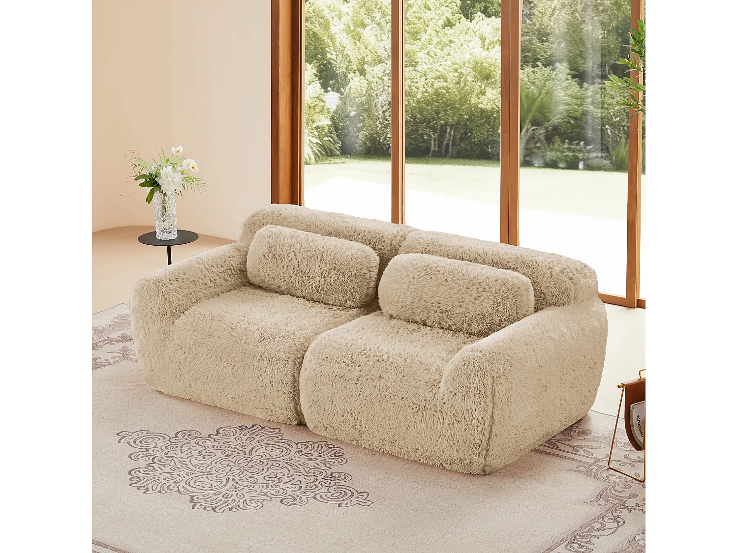 Modulaire Bank 2-zits in pluche stof, met 2 kussens, extra diepe zit 75cm, 204x104x73cm, Khaki