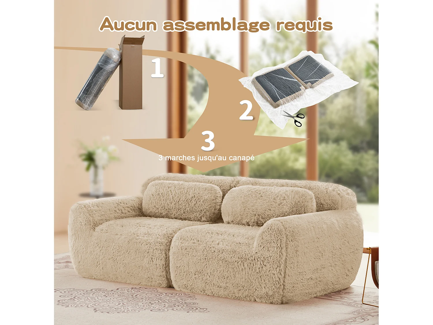 Modulaire Bank 2-zits in pluche stof, met 2 kussens, extra diepe zit 75cm, 204x104x73cm, Khaki