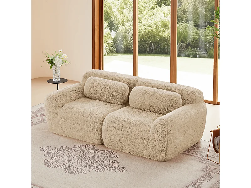 Modulaire Bank 2-zits in pluche stof, met 2 kussens, extra diepe zit 75cm, 204x104x73cm, Khaki