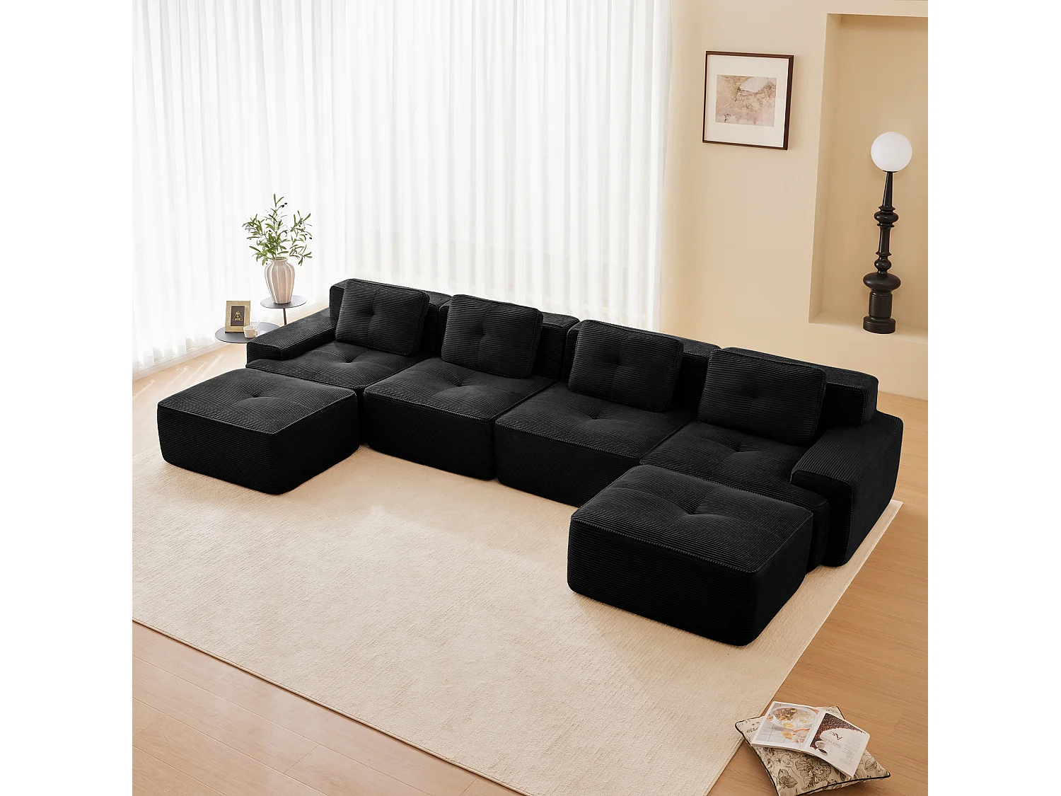 Canapé 4 places d'angle Modulable en Velours côtelé, avec 2 pouf et 4 coussins, 382x177x69cm, Noir