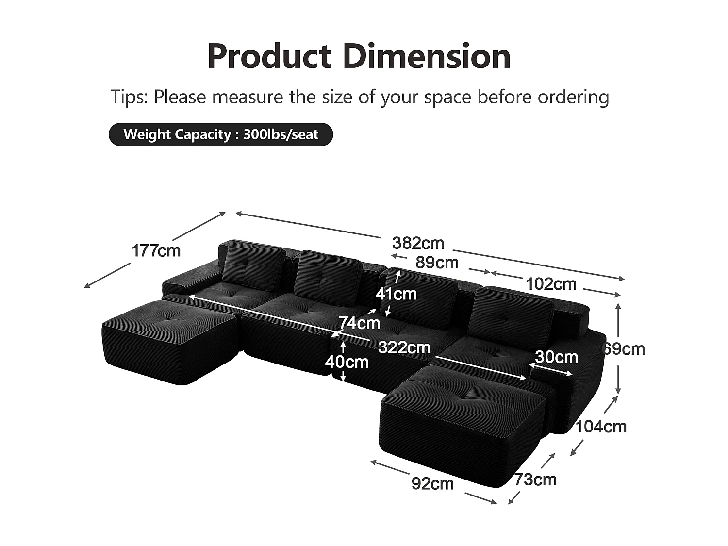 Canapé 4 places d'angle Modulable en Velours côtelé, avec 2 pouf et 4 coussins, 382x177x69cm, Noir