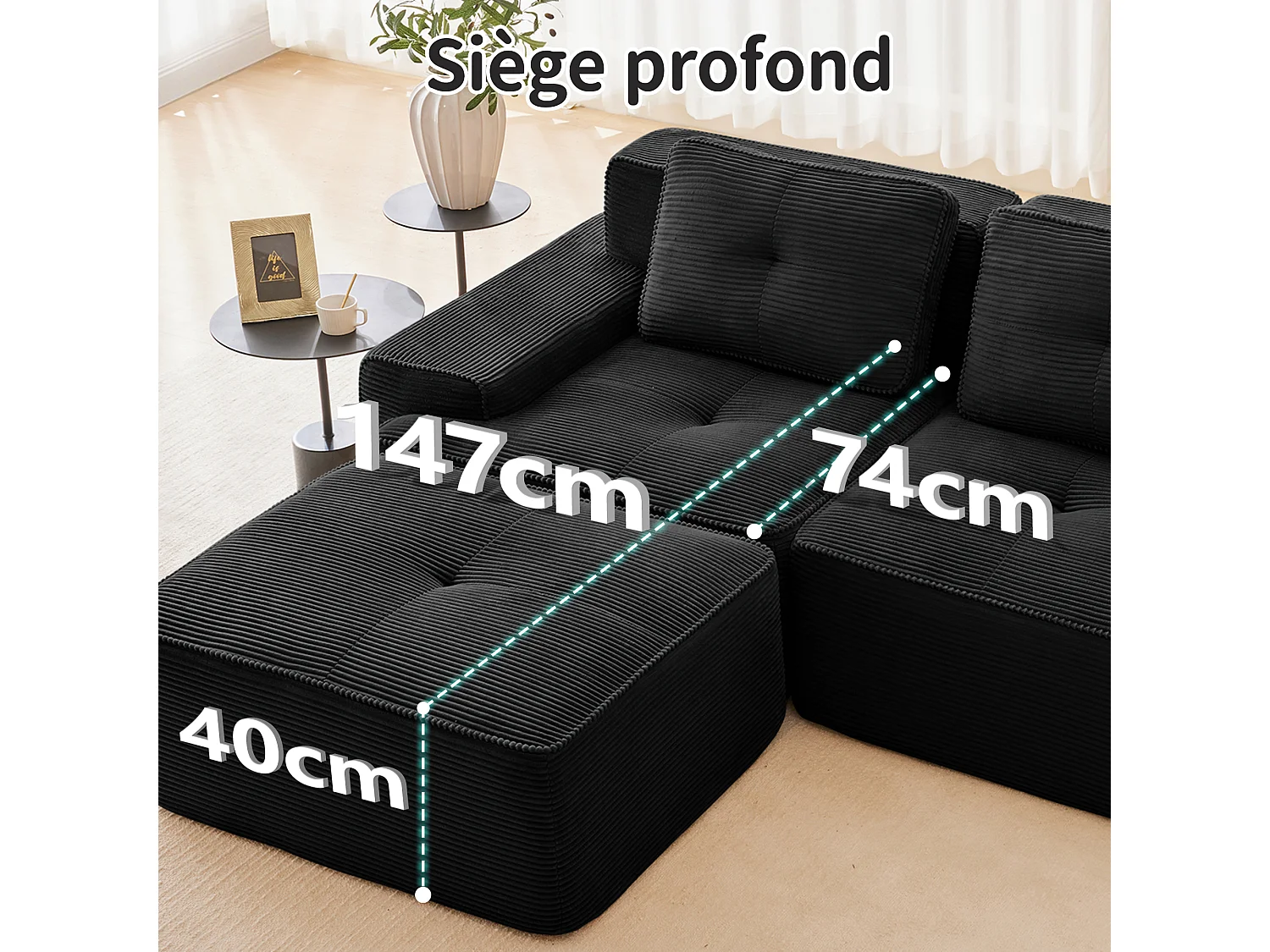 Canapé 4 places d'angle Modulable en Velours côtelé, avec 2 pouf et 4 coussins, 382x177x69cm, Noir