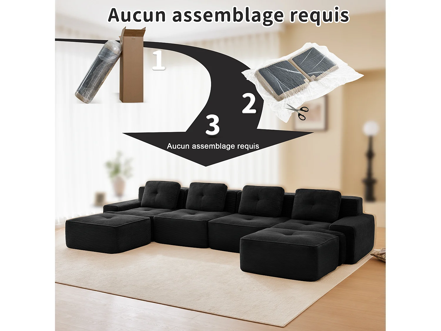 Canapé 4 places d'angle Modulable en Velours côtelé, avec 2 pouf et 4 coussins, 382x177x69cm, Noir