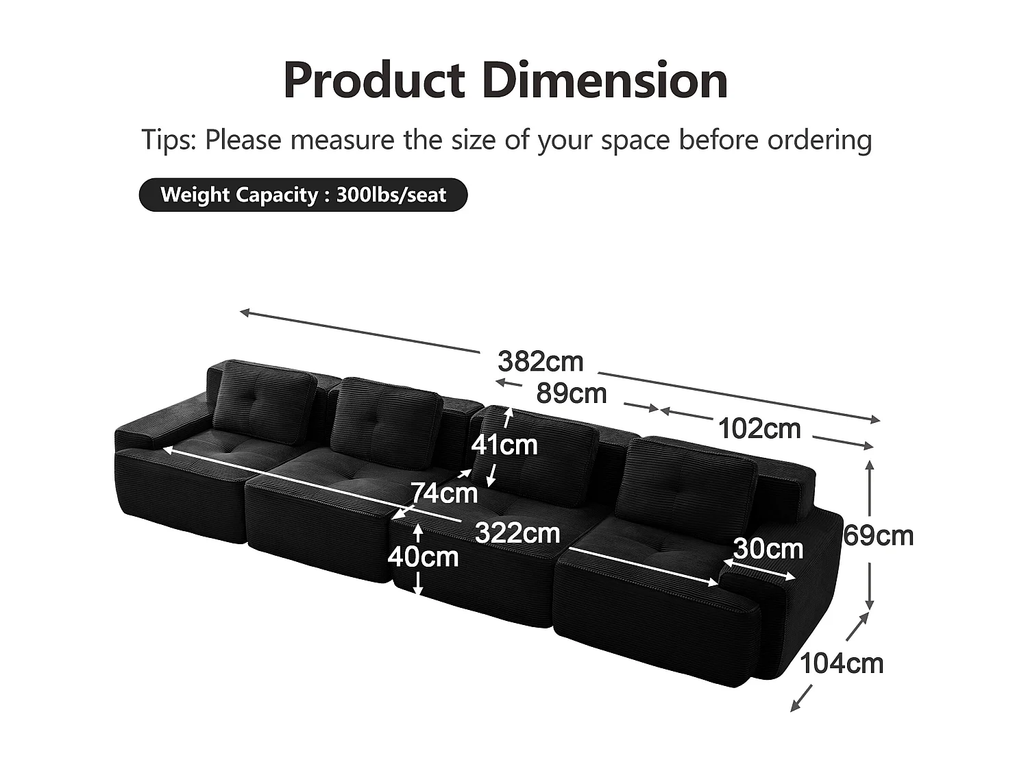 Modulaire Bank 4-zits in Ribfluweel, met 4 kussens, 382x104x69cm, Zwart