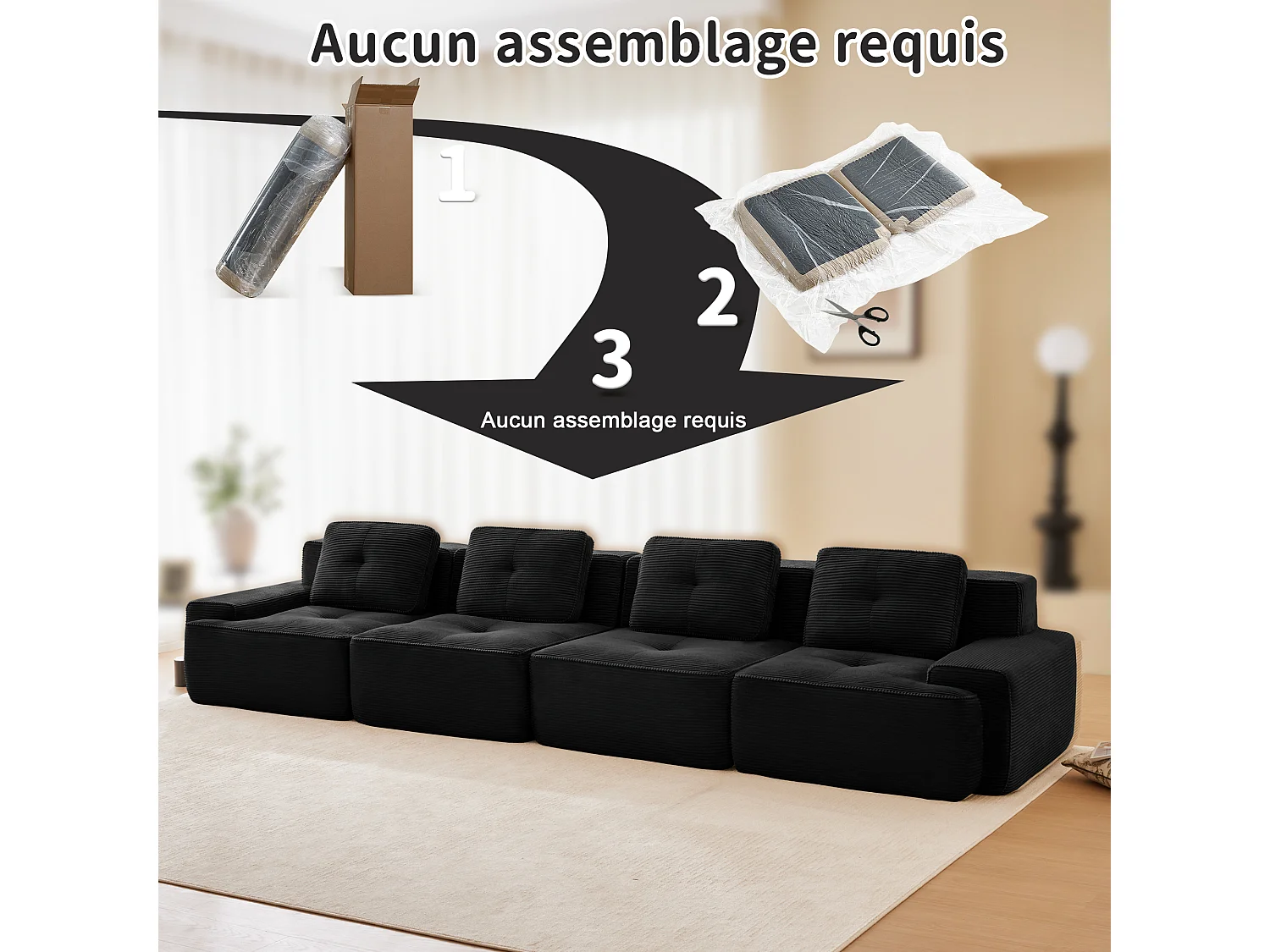 Modulaire Bank 4-zits in Ribfluweel, met 4 kussens, 382x104x69cm, Zwart