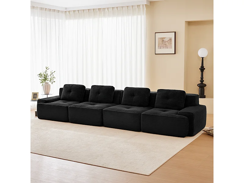 Modulaire Bank 4-zits in Ribfluweel, met 4 kussens, 382x104x69cm, Zwart