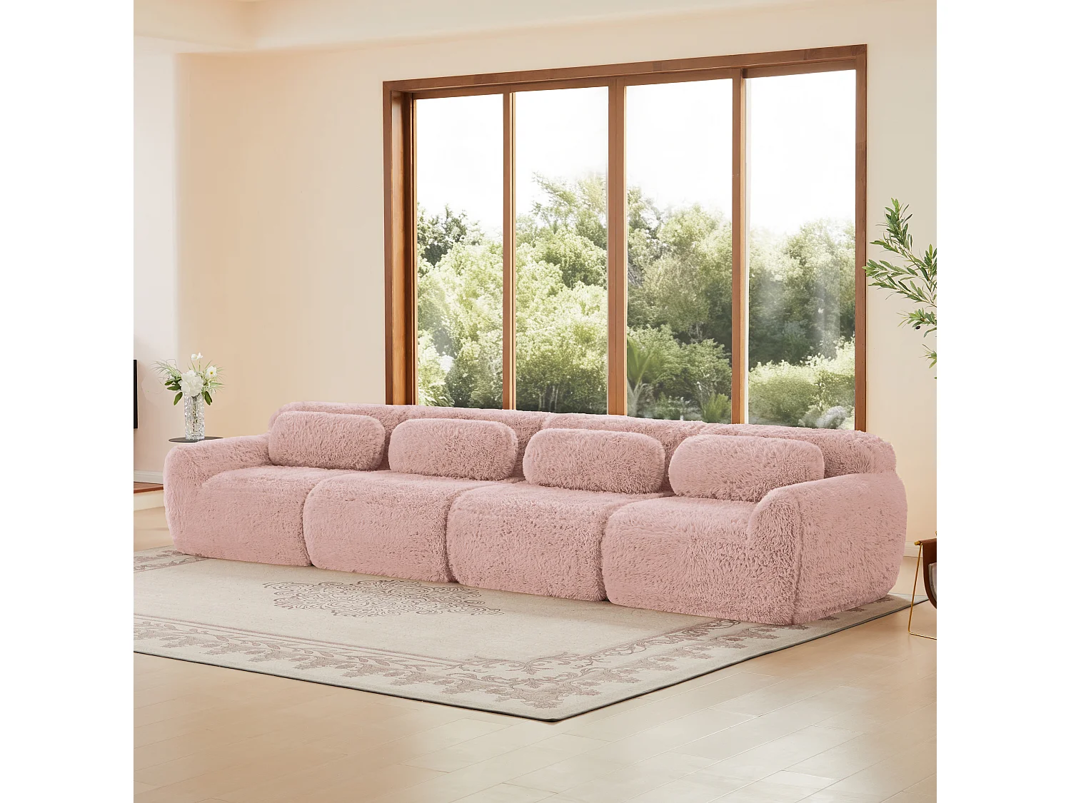 Canapé 4 places Modulable en tissu peluche, avec 4 coussins, sans cadre, 378x104x73cm, Rose