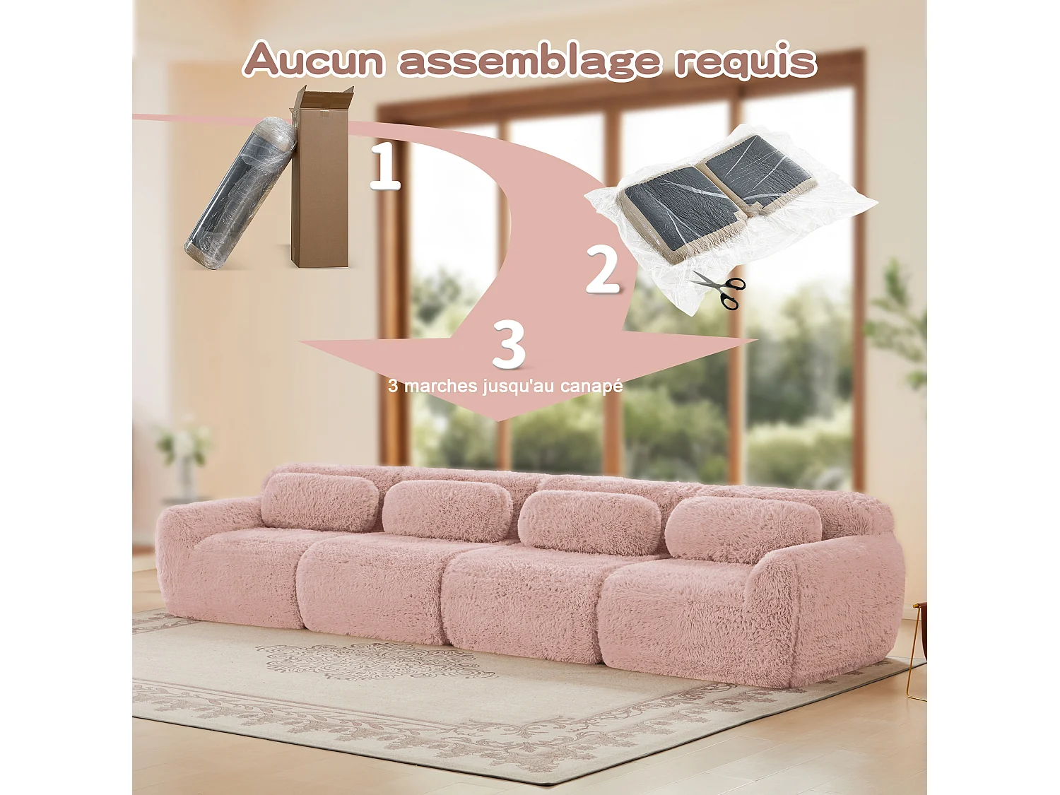 Canapé 4 places Modulable en tissu peluche, avec 4 coussins, sans cadre, 378x104x73cm, Rose