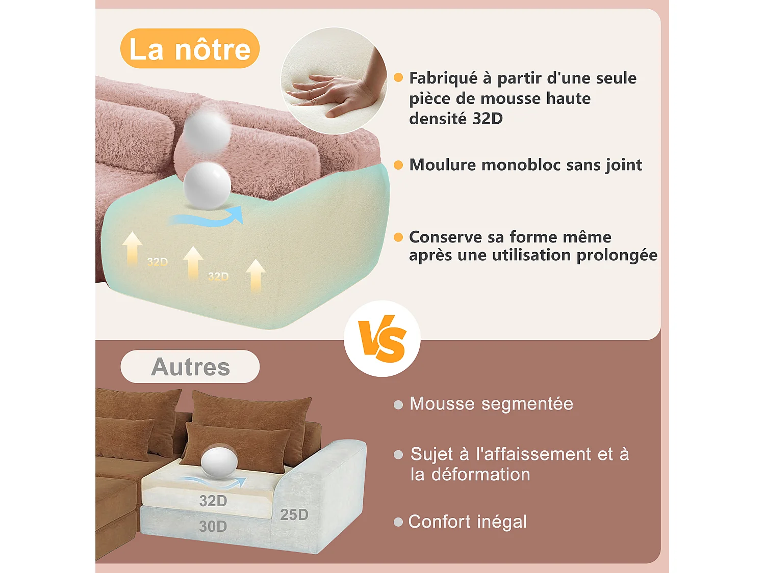 Canapé 4 places Modulable en tissu peluche, avec 4 coussins, sans cadre, 378x104x73cm, Rose