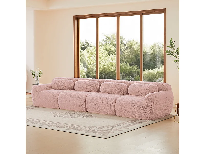 Canapé 4 places Modulable en tissu peluche, avec 4 coussins, sans cadre, 378x104x73cm, Rose