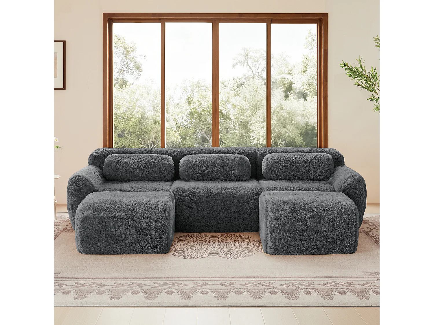 Modulaire Hoekbank in pluche stof, met 2 poefs en 3 kussens, 291x179x73cm, Grijs