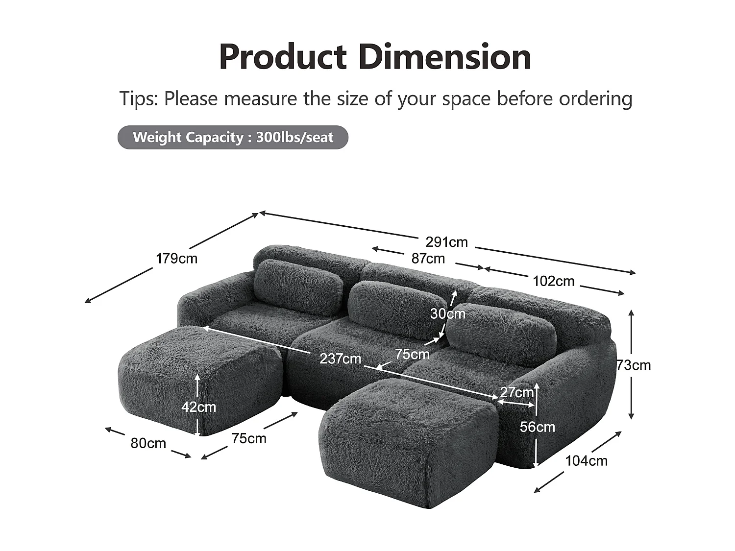 Modulaire Hoekbank in pluche stof, met 2 poefs en 3 kussens, 291x179x73cm, Grijs