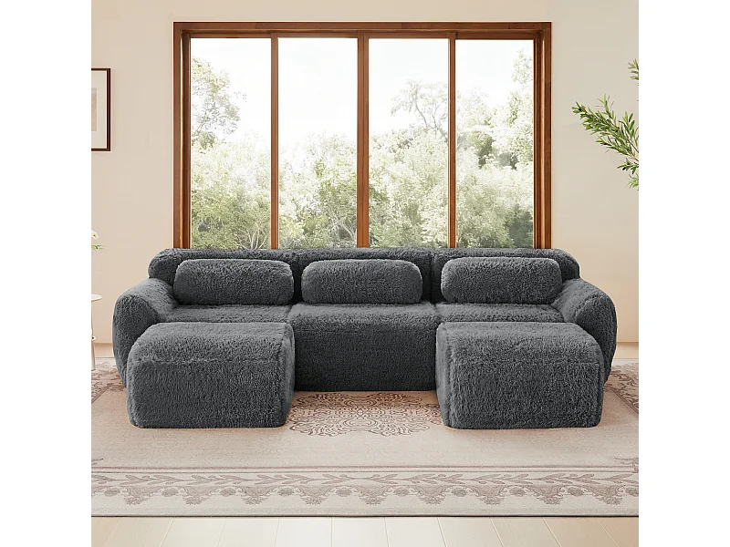 Modulaire Hoekbank in pluche stof, met 2 poefs en 3 kussens, 291x179x73cm, Grijs