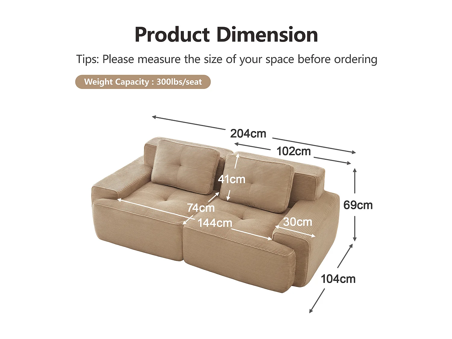 Modulaire Bank 2-zits in Ribfluweel met 2 kussens, zonder montage, 204x104x69cm, Beige