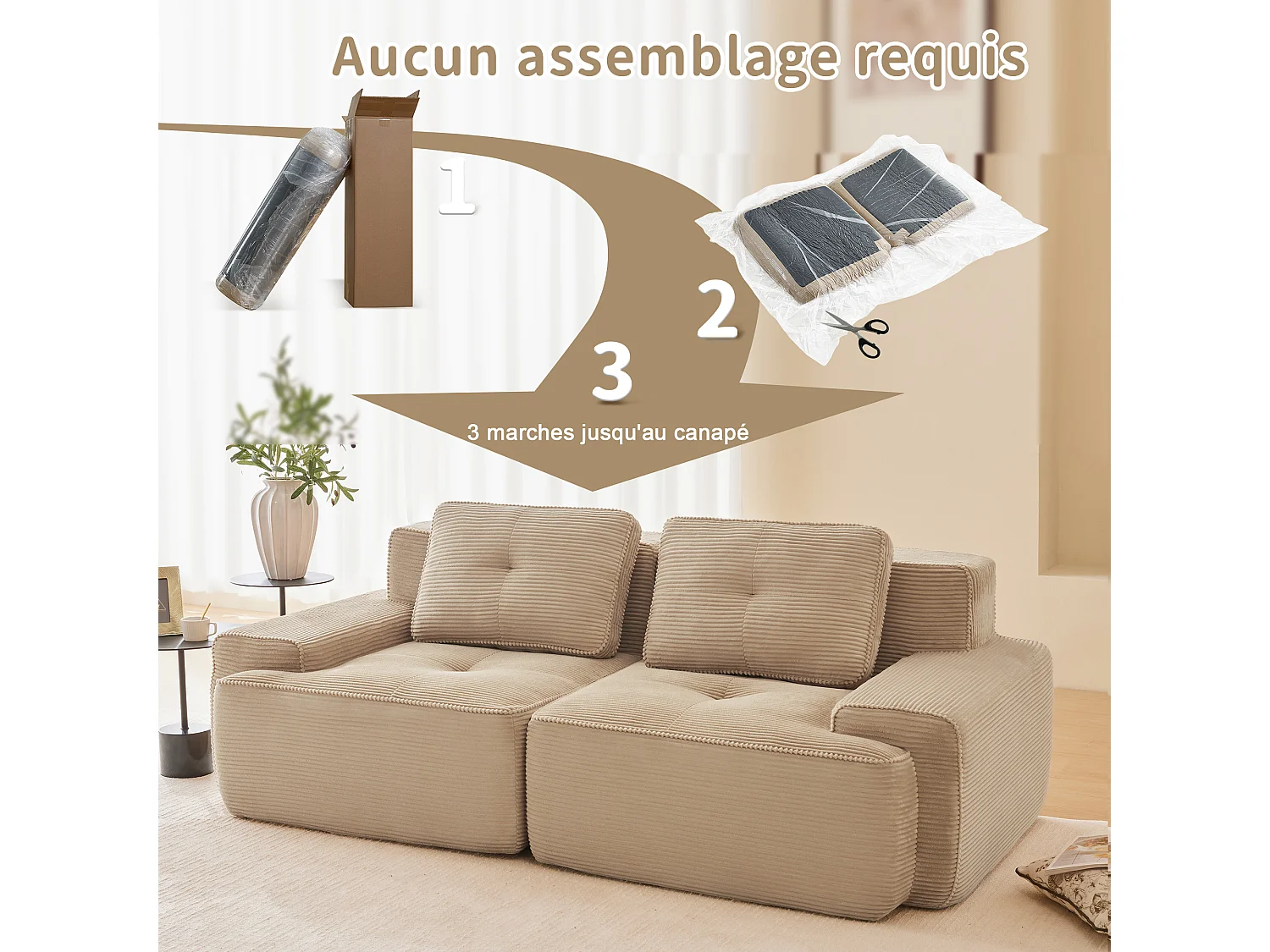 Modulaire Bank 2-zits in Ribfluweel met 2 kussens, zonder montage, 204x104x69cm, Beige