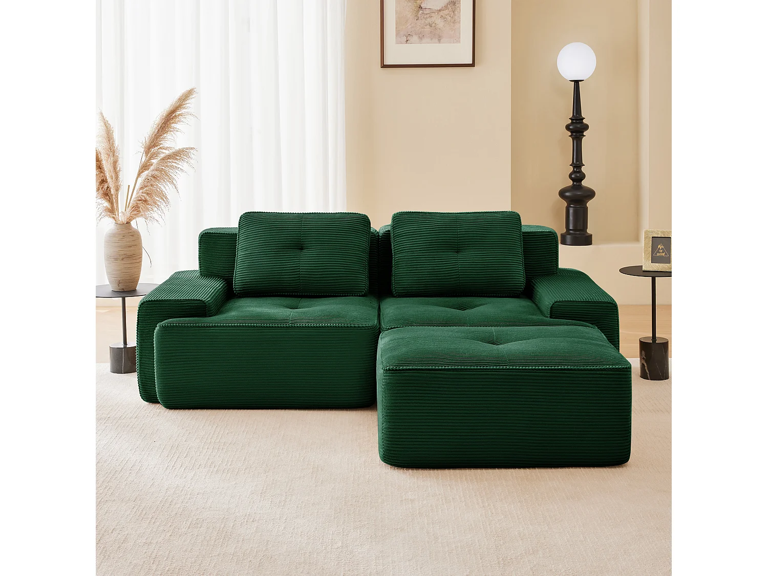 Modulaire Bank 2-zits in Ribfluweel, met poef en 2 kussens, 204x177x69cm, Groen