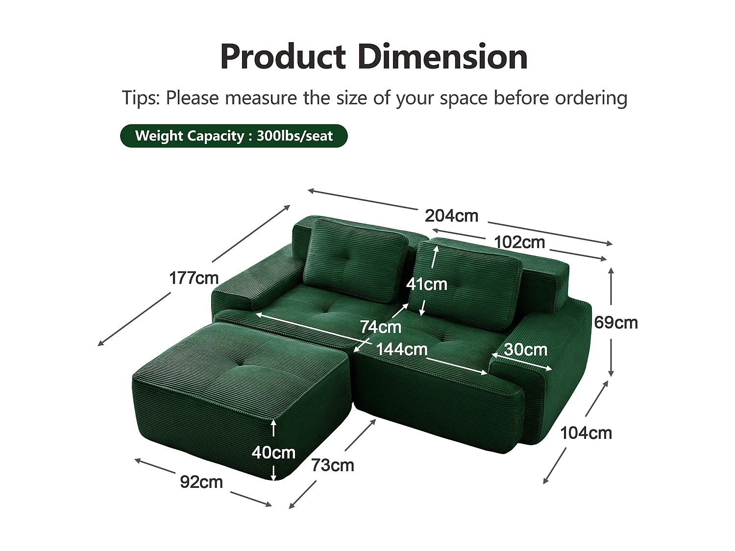 Modulaire Bank 2-zits in Ribfluweel, met poef en 2 kussens, 204x177x69cm, Groen