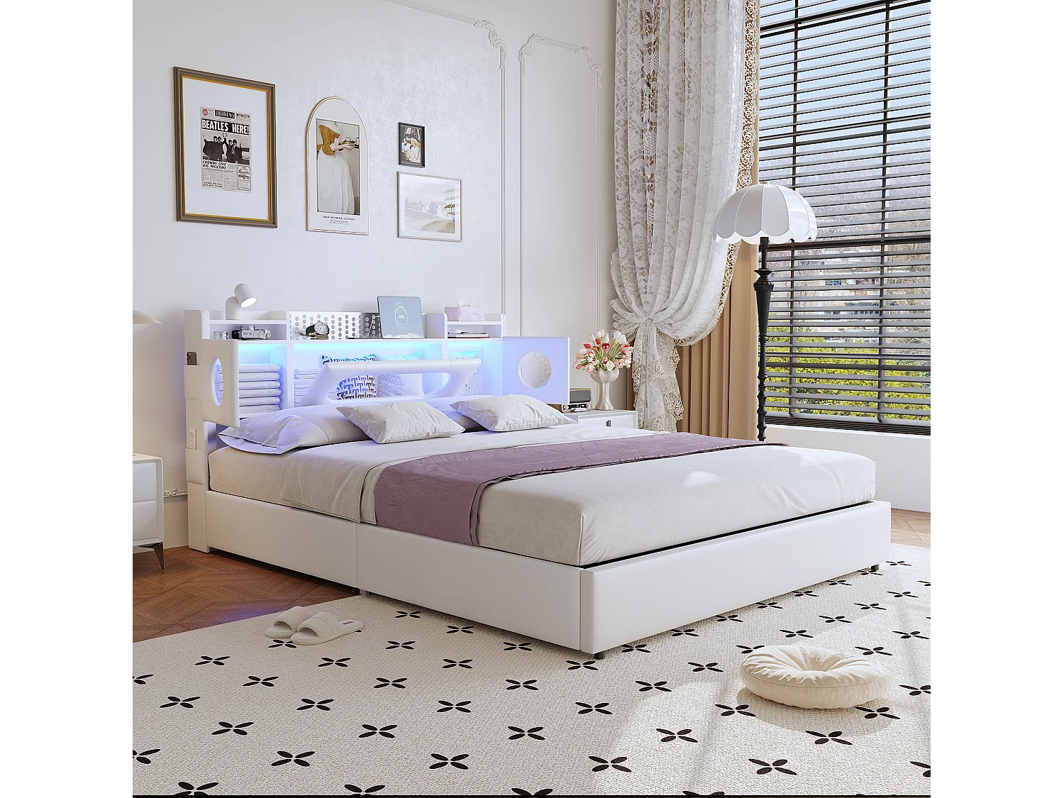 Lit 140x200 cm avec Rangement à Gaz, Ports USB/Type-C, Éclairage LED et Tissu Lin – Pratique et Moderne, Blanc