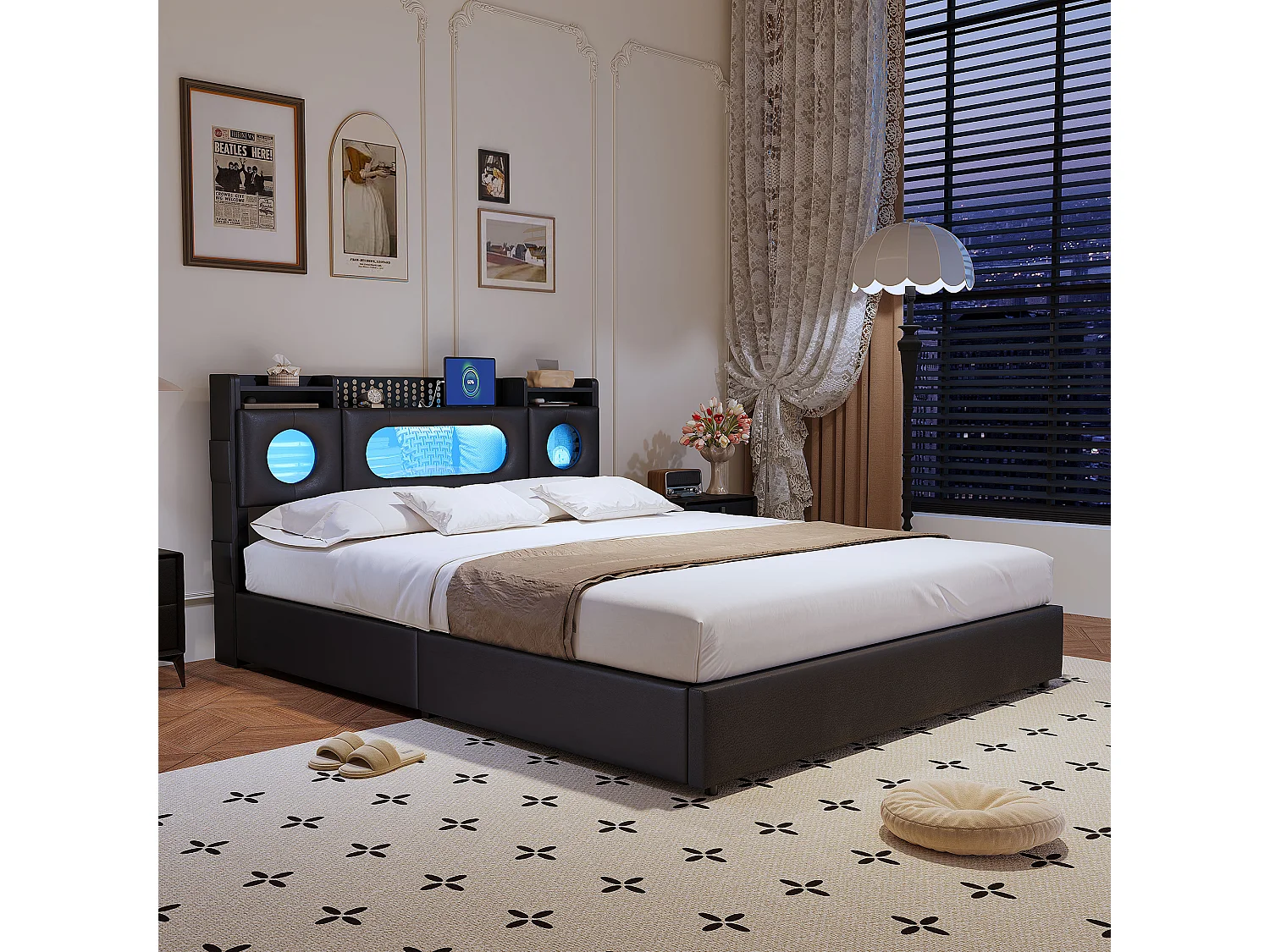 Bed van 160x200 cm met gasveeropbergruimte, USB/Type-C-poorten, ledverlichting en linnen bekleding – praktisch en modern, zwart