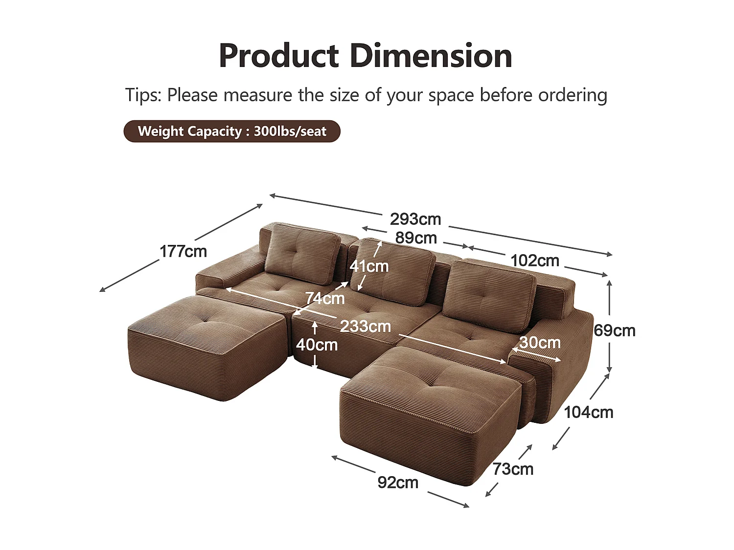 Divano Angolare Modulare a Forma di U in Velluto costola, con 2 pouf e 3 cuscini, 293x177x69cm, Marrone