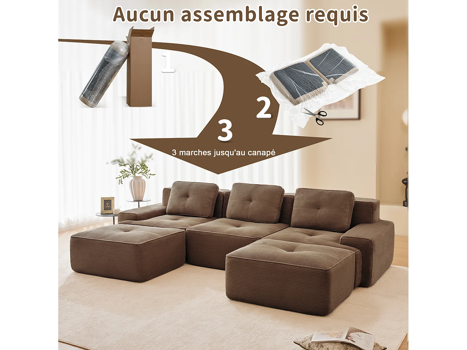 Divano Angolare Modulare a Forma di U in Velluto costola, con 2 pouf e 3 cuscini, 293x177x69cm, Marrone