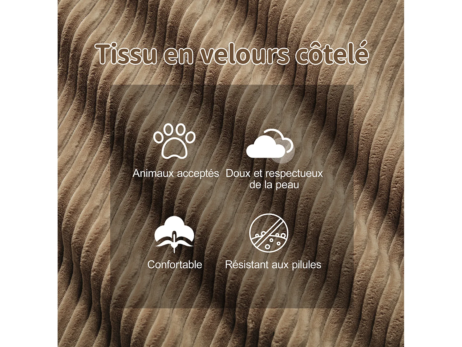 Divano Angolare Modulare a Forma di U in Velluto costola, con 2 pouf e 3 cuscini, 293x177x69cm, Marrone