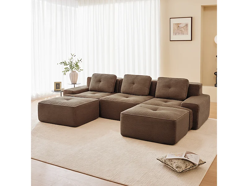 Modulaire U-vormige Hoekbank in Ribfluweel, met 2 poefs en 3 kussens, 293x177x69cm, Bruin