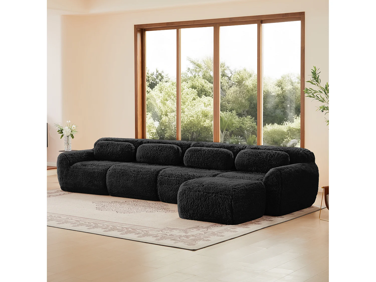 Sofá de Esquina Modular en tela peluche, con pouf y 4 cojines, sin estructura, 378x179x73cm, Negro
