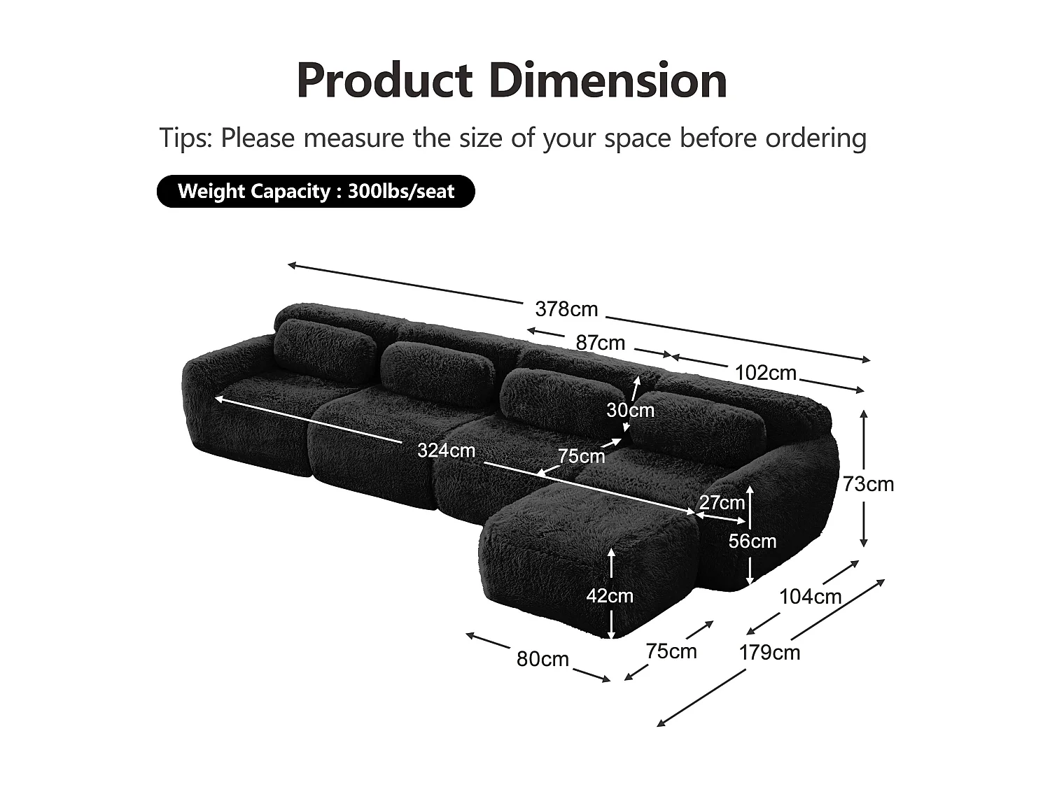 Sofá de Esquina Modular en tela peluche, con pouf y 4 cojines, sin estructura, 378x179x73cm, Negro