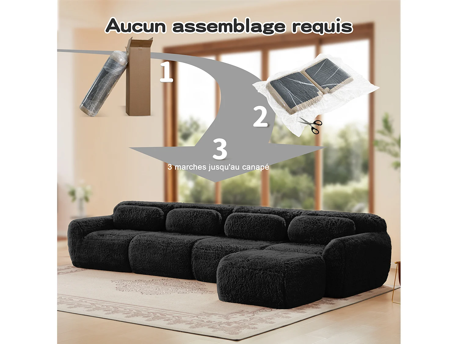 Sofá de Esquina Modular en tela peluche, con pouf y 4 cojines, sin estructura, 378x179x73cm, Negro