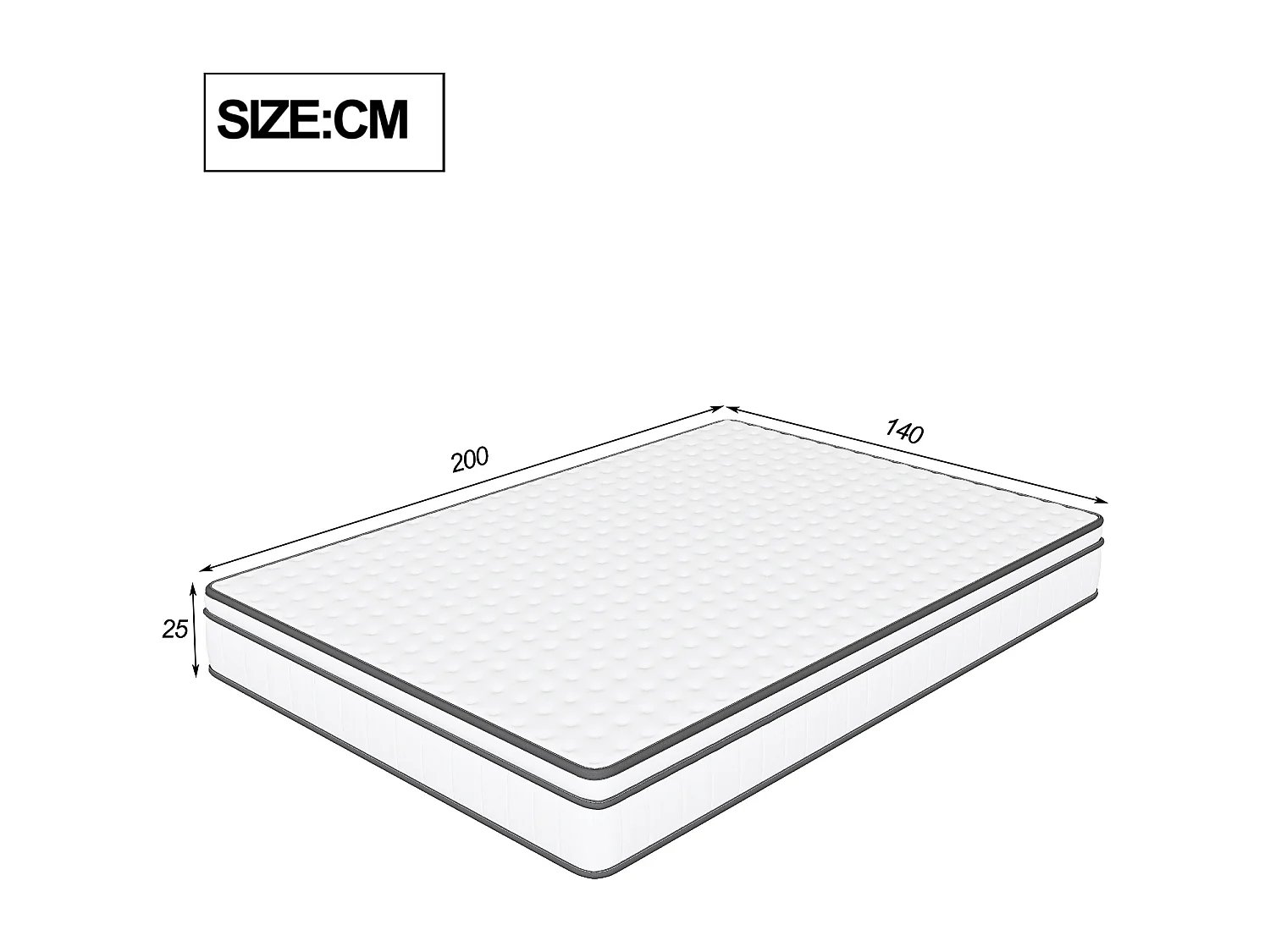 Matelas Hybride 140x200x25 cm à Ressorts Ensachés, Tissu Respirant 3D, Confort Moyen, Blanc et Gris