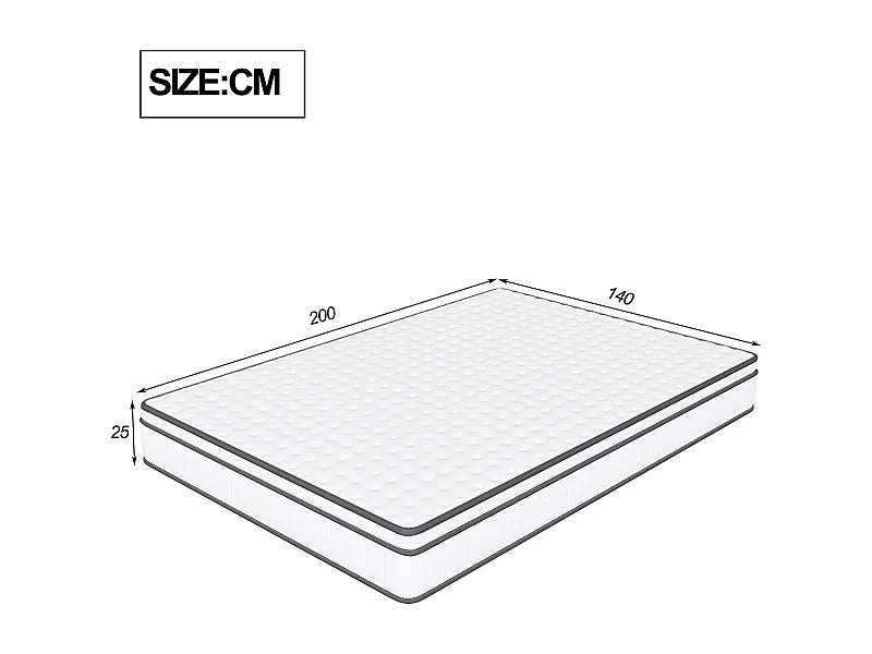 Matelas Hybride 140x200x25 cm à Ressorts Ensachés, Tissu Respirant 3D, Confort Moyen, Blanc et Gris