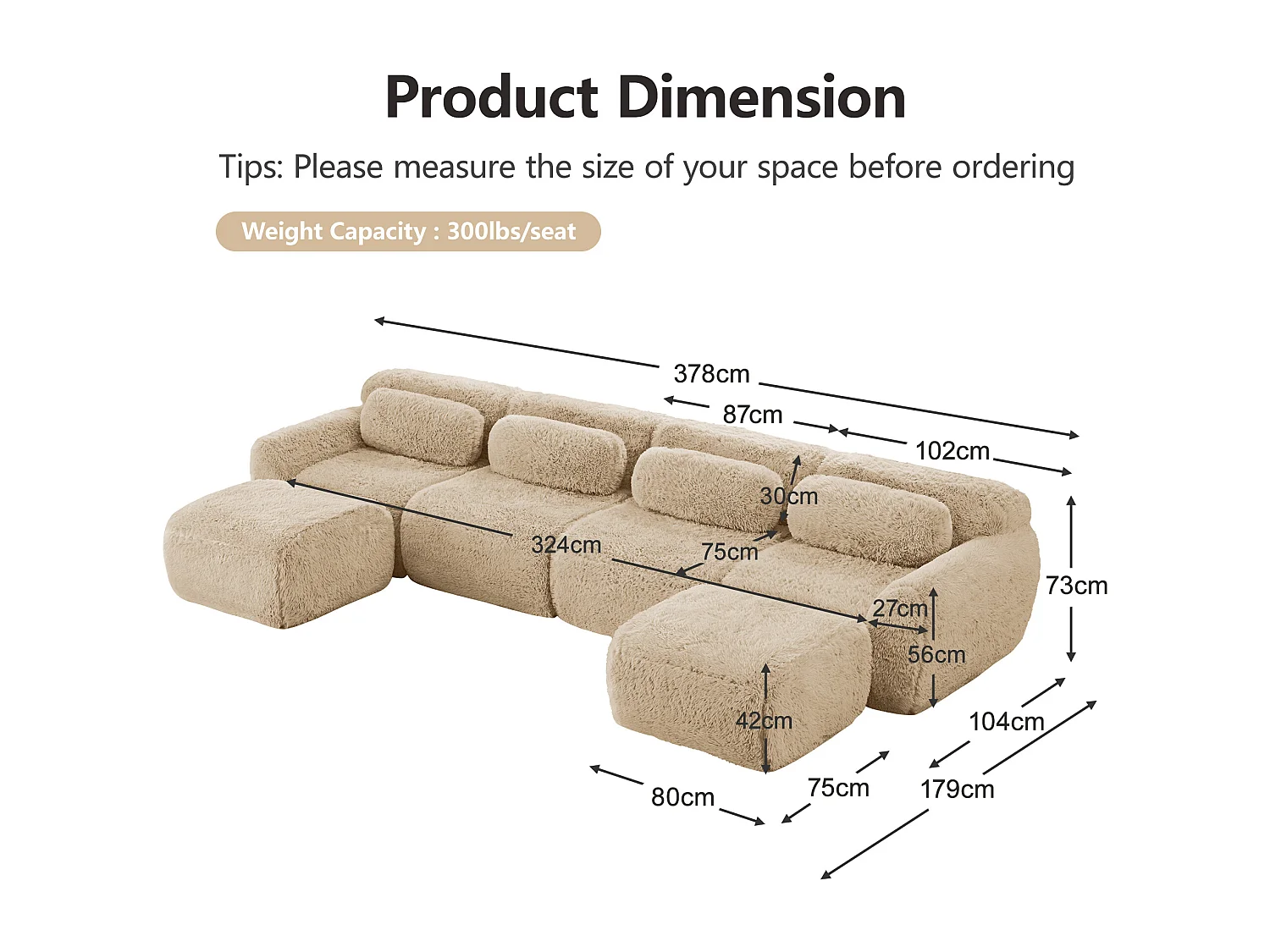 Canapé d'angle Modulable en Forme de U, en tissu peluche, avec 2 pouf et 4 coussins, 378x179x73cm, Kaki